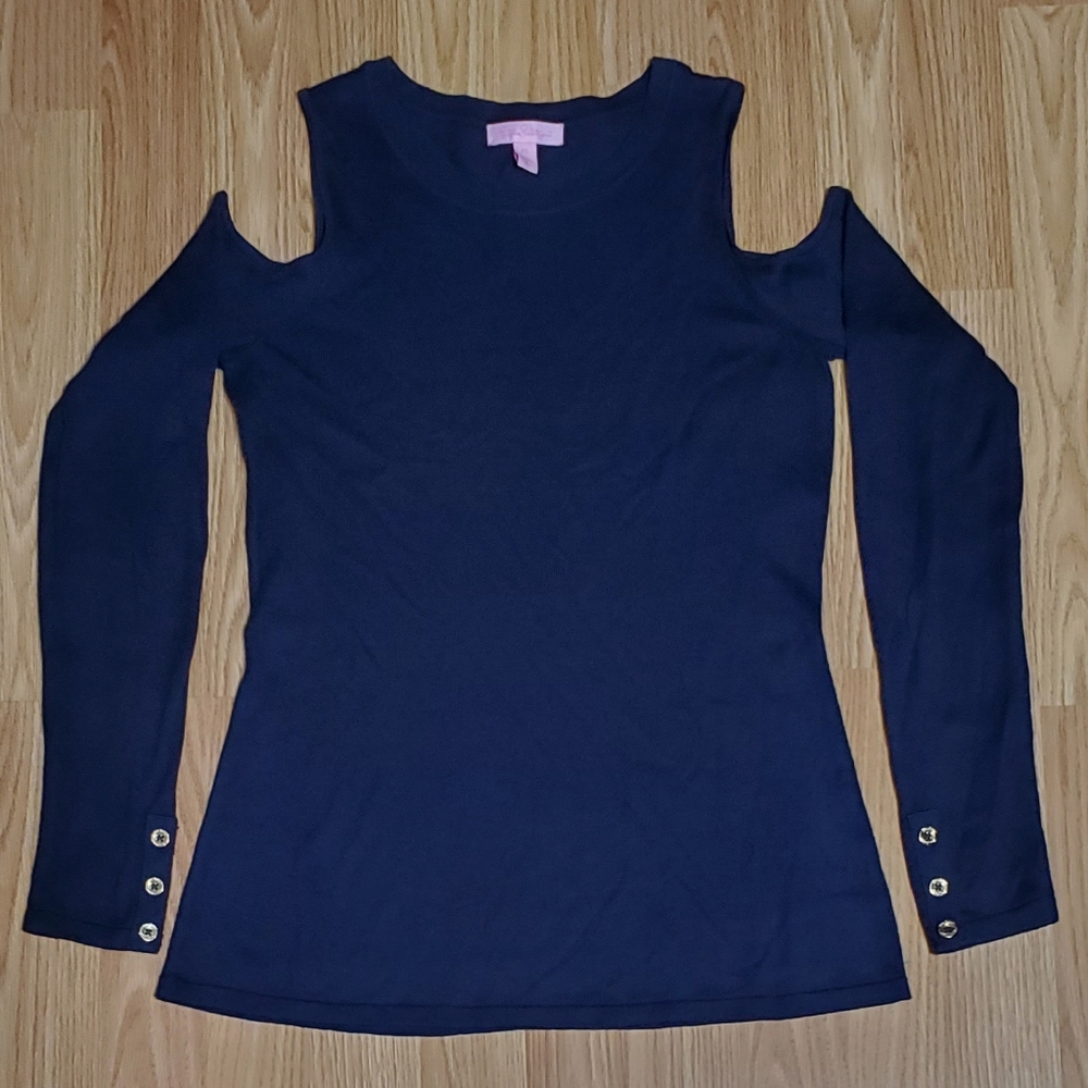 Lilly Pulitzer size xs lyon wool blend knit pullover cold shoulder sweater navy - Picture 2 of 9